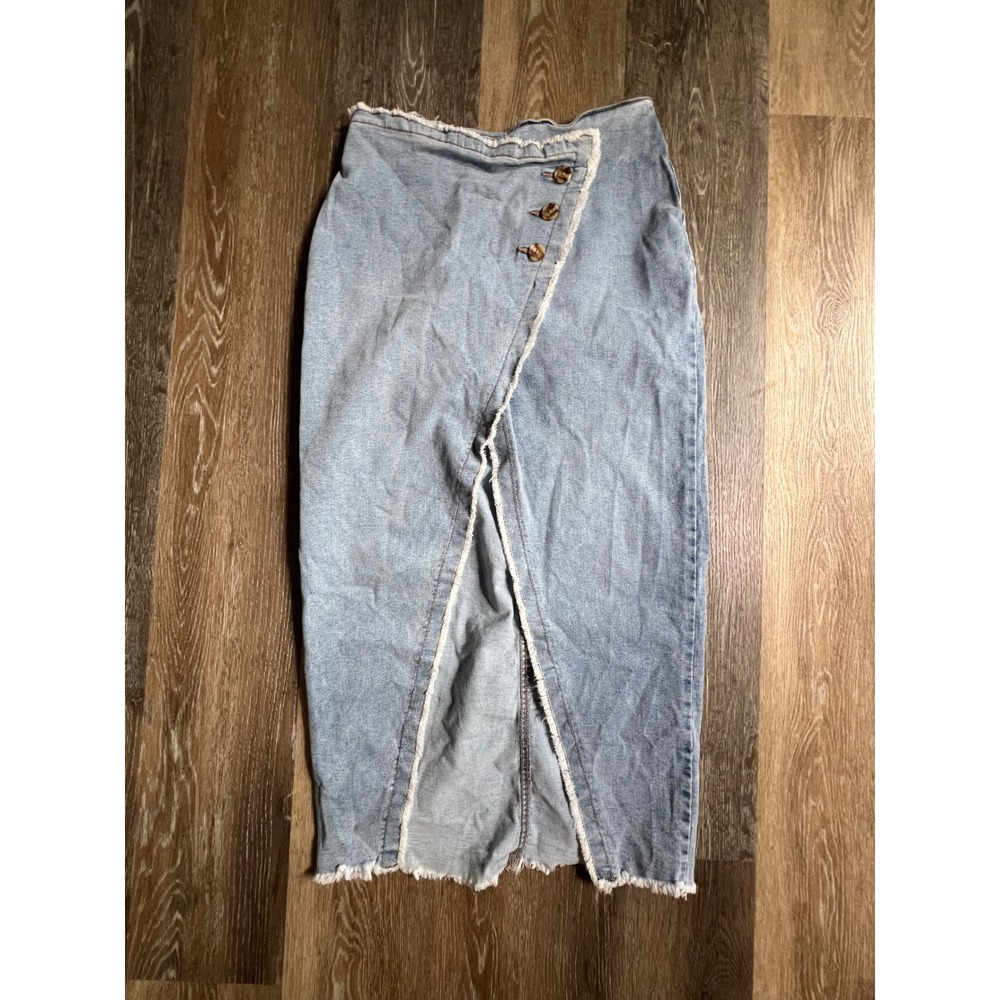 Sincerely Jules Denim Skirt Womens 11/30 Blue Frayed Raw Hem Wrap Front Midi